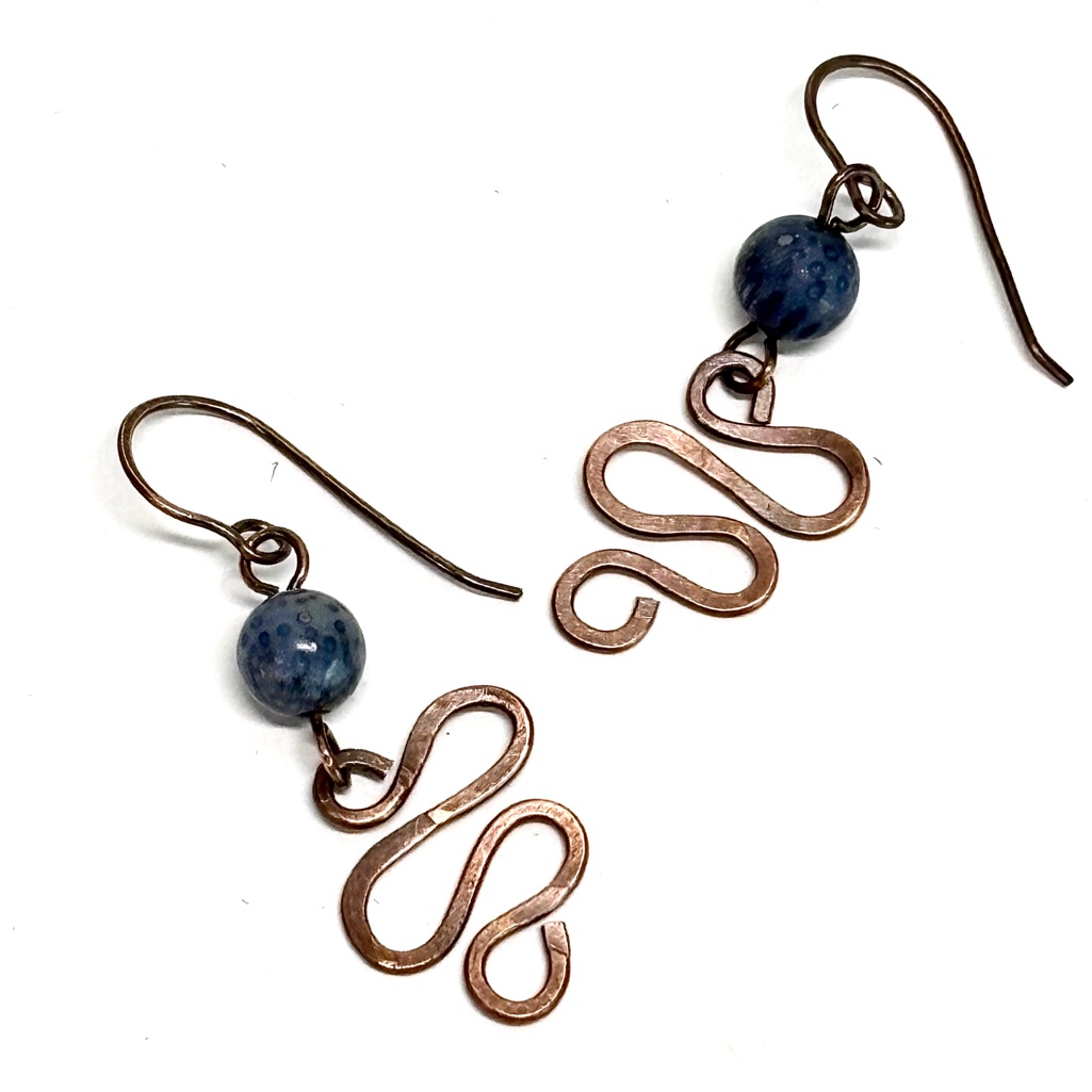 Handmade Sodalite Wire Wrapped Hammered Freeform Dangle Earrings, Jewelry Gift